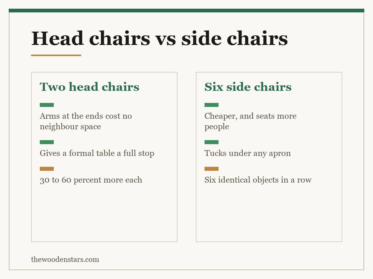 Comparison card for head chairs vs side chairs: Two head chairs — Arms at the ends cost no neighbour space; Gives a formal table a full stop; 30 to 60 percent more each. Six side chairs — Cheaper, and seats more people; Tucks under any apron; Six identical objects in a row.