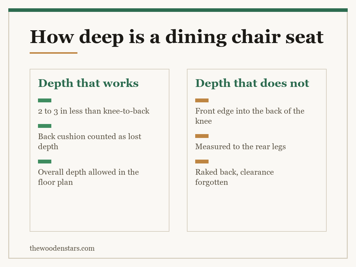 Comparison card for how deep is a dining chair seat: Depth that works — 2 to 3 in less than knee-to-back; Back cushion counted as lost depth; Overall depth allowed in the floor plan. Depth that does not — Front edge into the back of the knee; Measured to the rear legs; Raked back, clearance forgotten.
