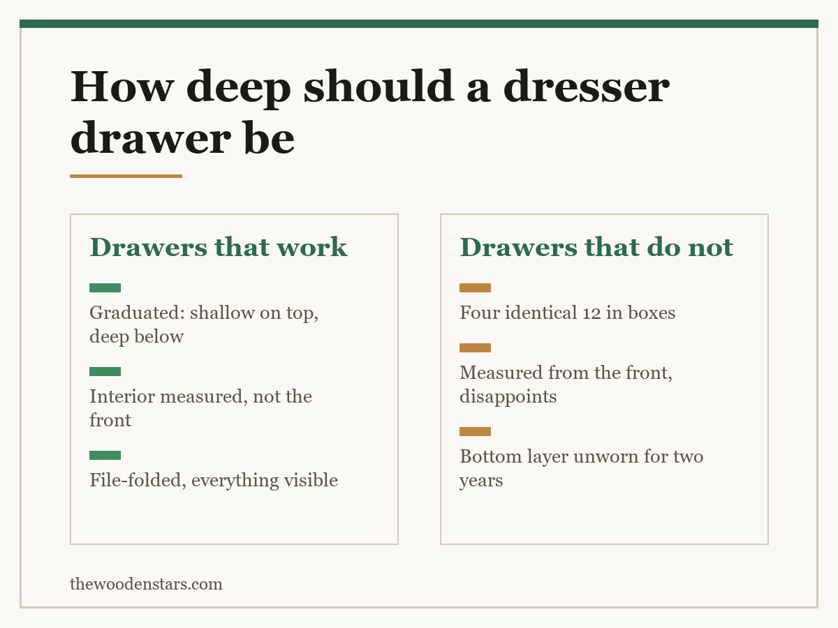 Comparison card for how deep should a dresser drawer be: Drawers that work — Graduated: shallow on top, deep below; Interior measured, not the front; File-folded, everything visible. Drawers that do not — Four identical 12 in boxes; Measured from the front, disappoints; Bottom layer unworn for two years.