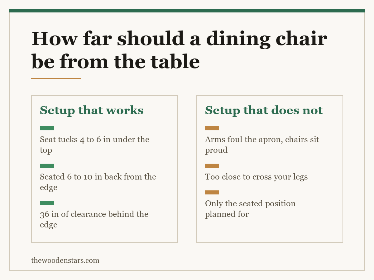 Comparison card for how far should a dining chair be from the table: Setup that works — Seat tucks 4 to 6 in under the top; Seated 6 to 10 in back from the edge; 36 in of clearance behind the edge. Setup that does not — Arms foul the apron, chairs sit proud; Too close to cross your legs; Only the seated position planned for.