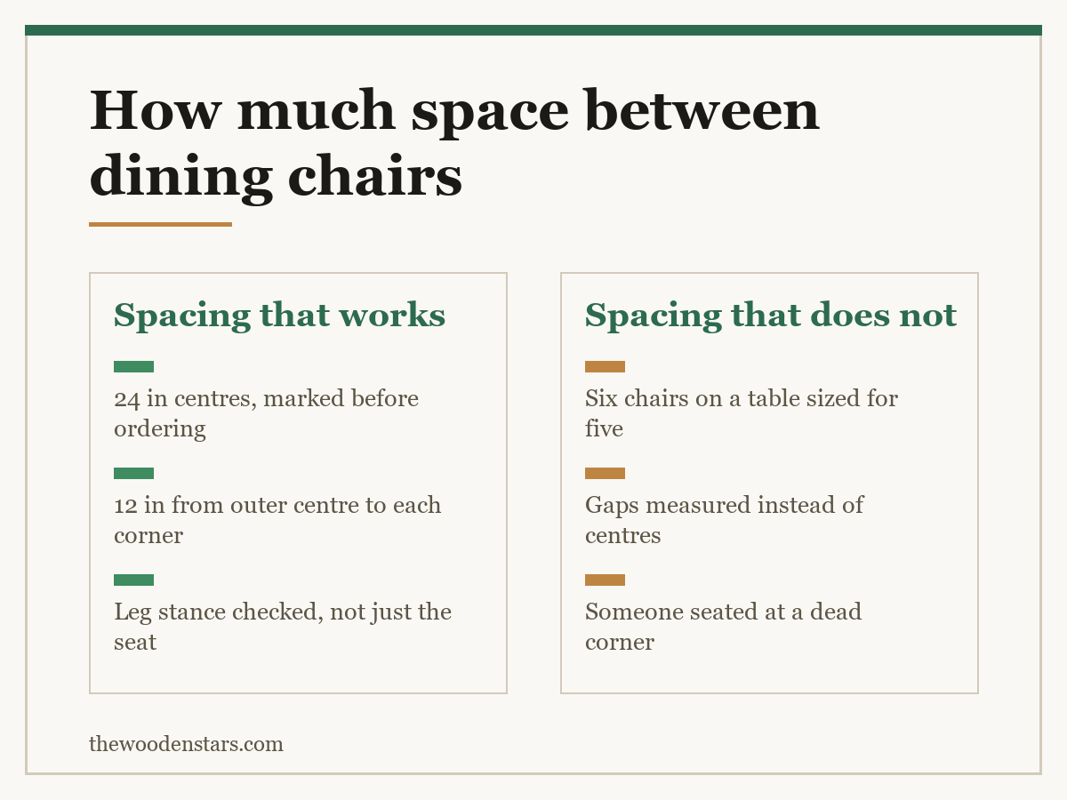 Comparison card for how much space between dining chairs: Spacing that works — 24 in centres, marked before ordering; 12 in from outer centre to each corner; Leg stance checked, not just the seat. Spacing that does not — Six chairs on a table sized for five; Gaps measured instead of centres; Someone seated at a dead corner.