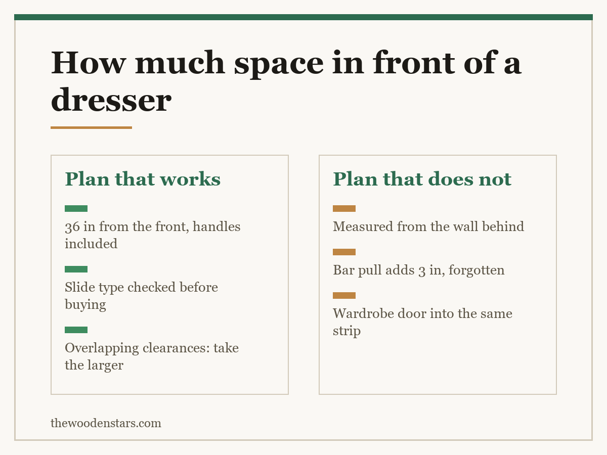 Comparison card for how much space in front of a dresser: Plan that works — 36 in from the front, handles included; Slide type checked before buying; Overlapping clearances: take the larger. Plan that does not — Measured from the wall behind; Bar pull adds 3 in, forgotten; Wardrobe door into the same strip.