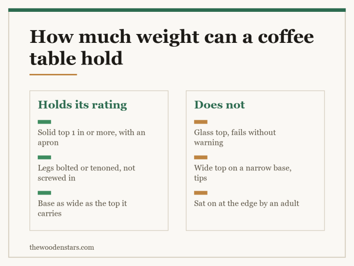 Comparison card for how much weight can a coffee table hold: Holds its rating — Solid top 1 in or more, with an apron; Legs bolted or tenoned, not screwed in; Base as wide as the top it carries. Does not — Glass top, fails without warning; Wide top on a narrow base, tips; Sat on at the edge by an adult.