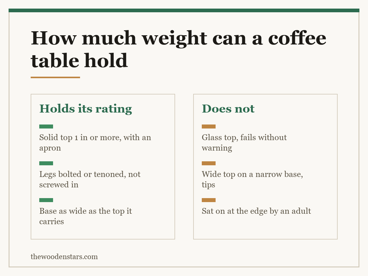 Comparison card for how much weight can a coffee table hold: Holds its rating — Solid top 1 in or more, with an apron; Legs bolted or tenoned, not screwed in; Base as wide as the top it carries. Does not — Glass top, fails without warning; Wide top on a narrow base, tips; Sat on at the edge by an adult.