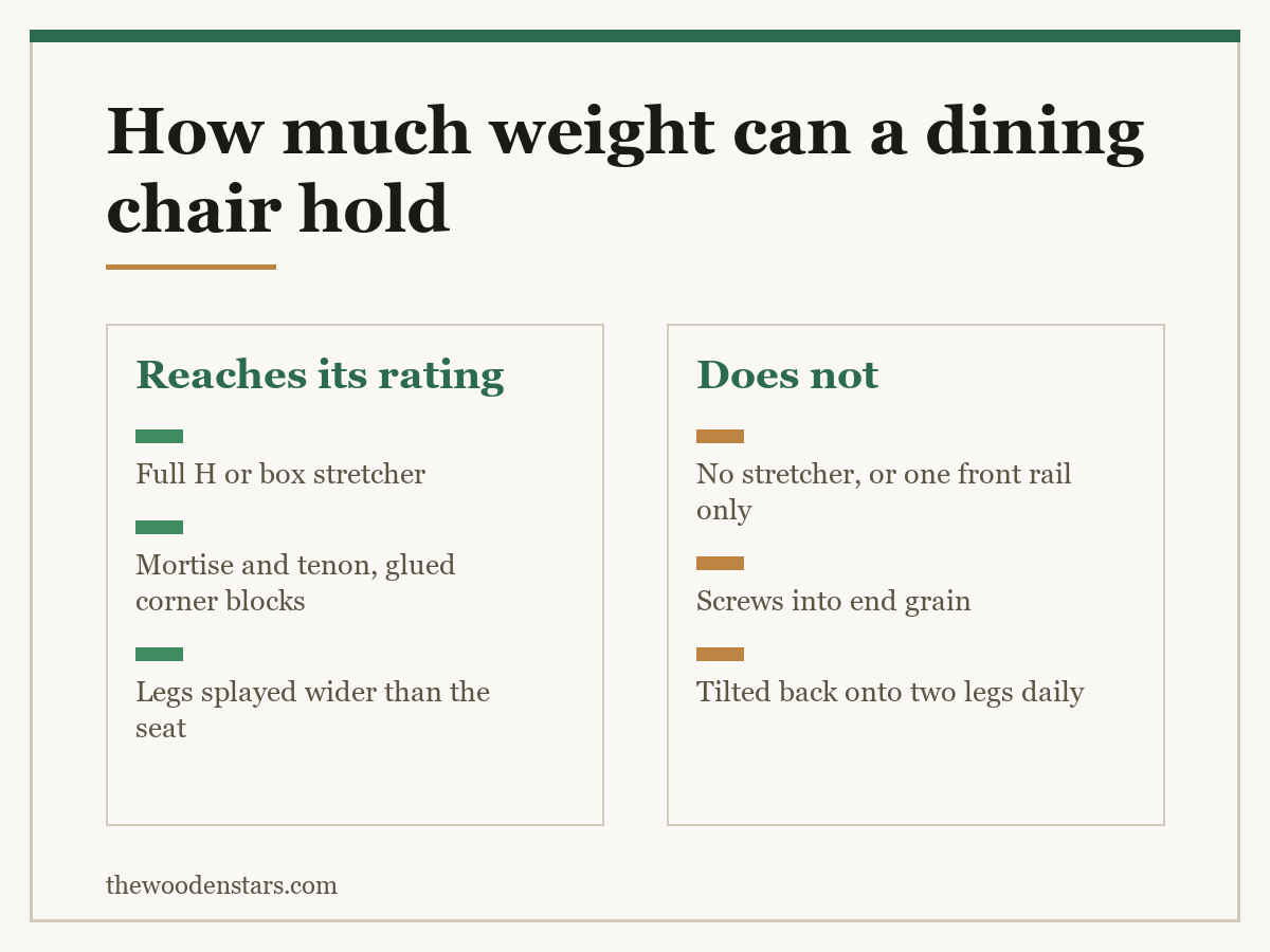 Comparison card for how much weight can a dining chair hold: Reaches its rating — Full H or box stretcher; Mortise and tenon, glued corner blocks; Legs splayed wider than the seat. Does not — No stretcher, or one front rail only; Screws into end grain; Tilted back onto two legs daily.