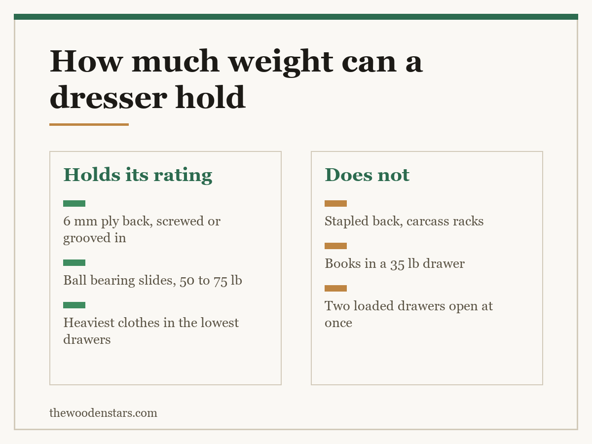 Comparison card for how much weight can a dresser hold: Holds its rating — 6 mm ply back, screwed or grooved in; Ball bearing slides, 50 to 75 lb; Heaviest clothes in the lowest drawers. Does not — Stapled back, carcass racks; Books in a 35 lb drawer; Two loaded drawers open at once.