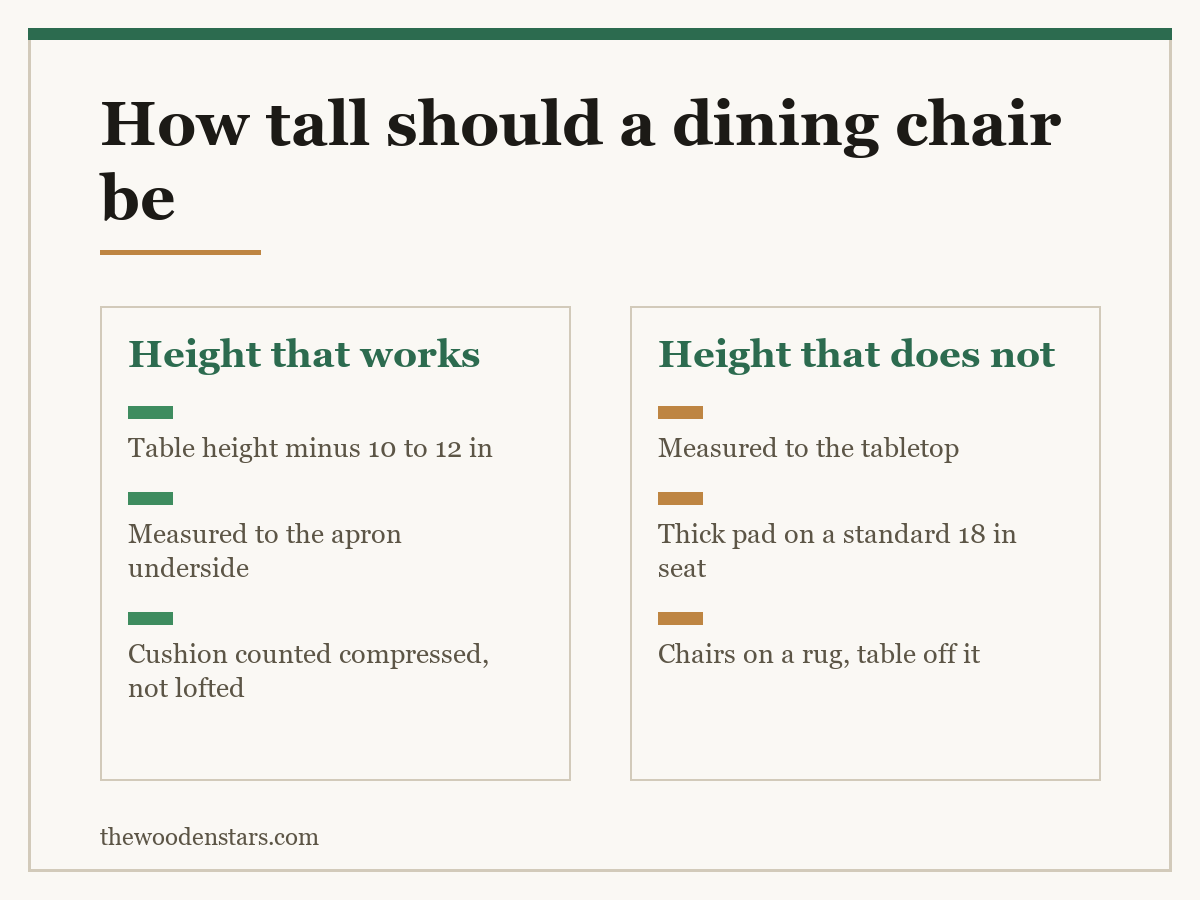 Comparison card for how tall should a dining chair be: Height that works — Table height minus 10 to 12 in; Measured to the apron underside; Cushion counted compressed, not lofted. Height that does not — Measured to the tabletop; Thick pad on a standard 18 in seat; Chairs on a rug, table off it.