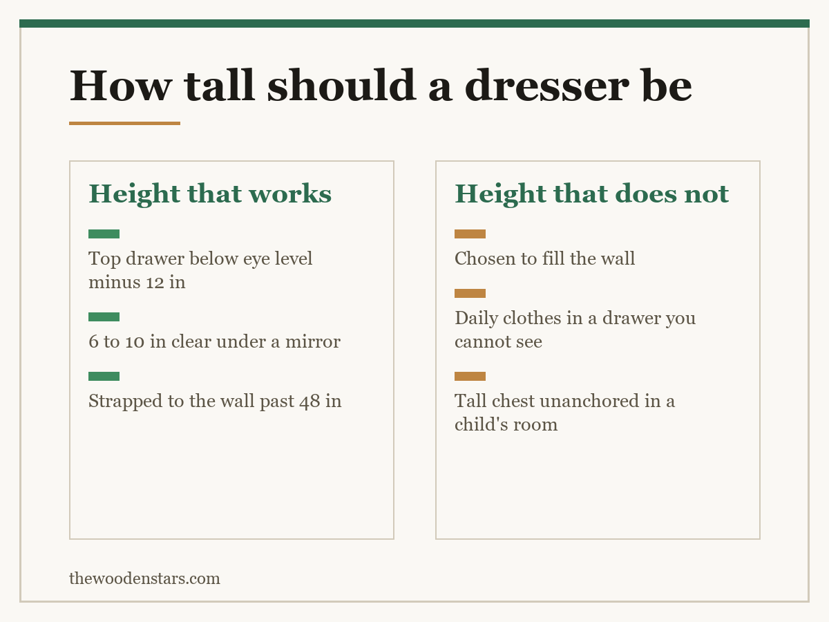 Comparison card for how tall should a dresser be: Height that works — Top drawer below eye level minus 12 in; 6 to 10 in clear under a mirror; Strapped to the wall past 48 in. Height that does not — Chosen to fill the wall; Daily clothes in a drawer you cannot see; Tall chest unanchored in a child's room.