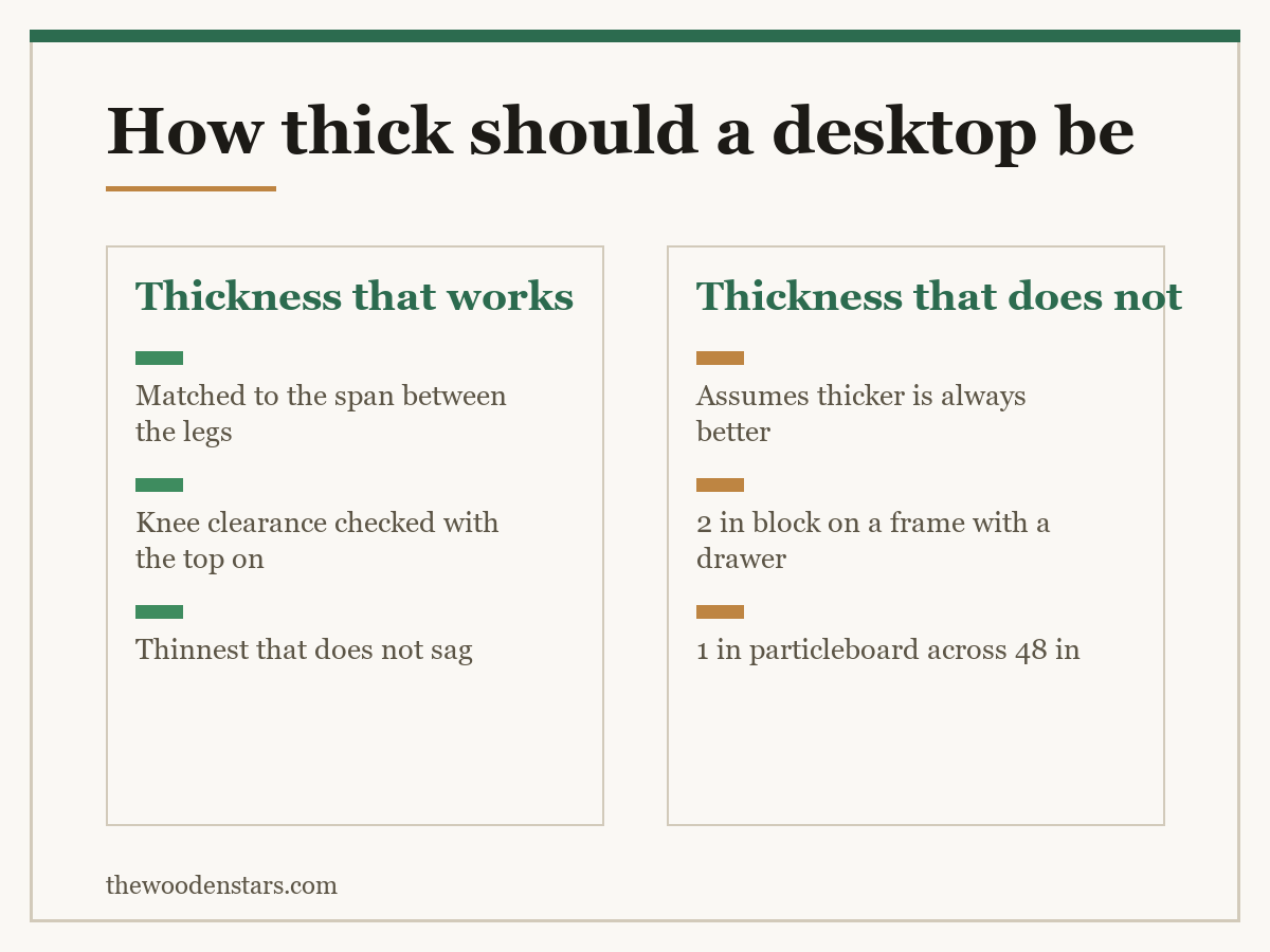 Comparison card for how thick should a desktop be: Thickness that works — Matched to the span between the legs; Knee clearance checked with the top on; Thinnest that does not sag. Thickness that does not — Assumes thicker is always better; 2 in block on a frame with a drawer; 1 in particleboard across 48 in.