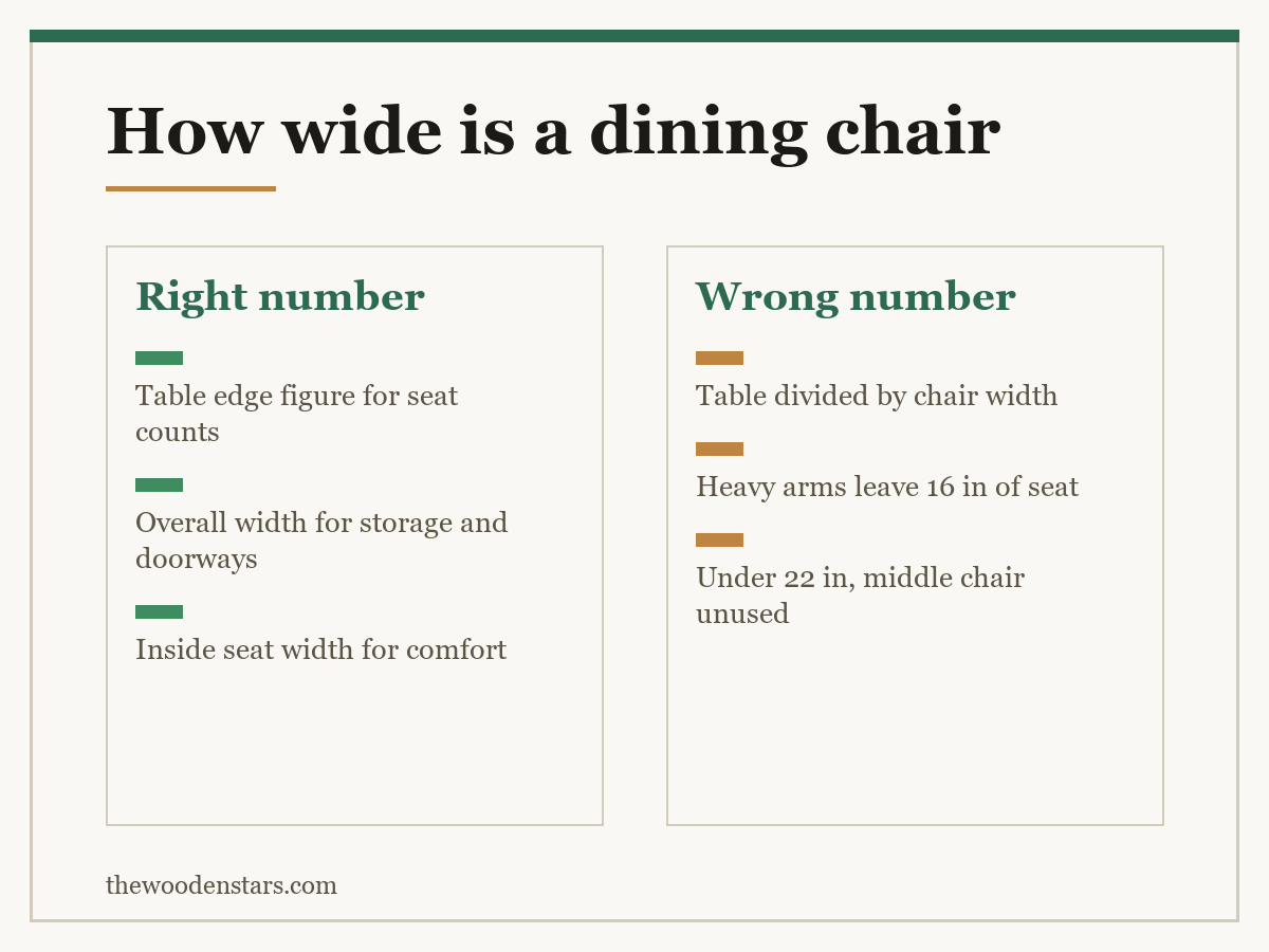 Comparison card for how wide is a dining chair: Right number — Table edge figure for seat counts; Overall width for storage and doorways; Inside seat width for comfort. Wrong number — Table divided by chair width; Heavy arms leave 16 in of seat; Under 22 in, middle chair unused.