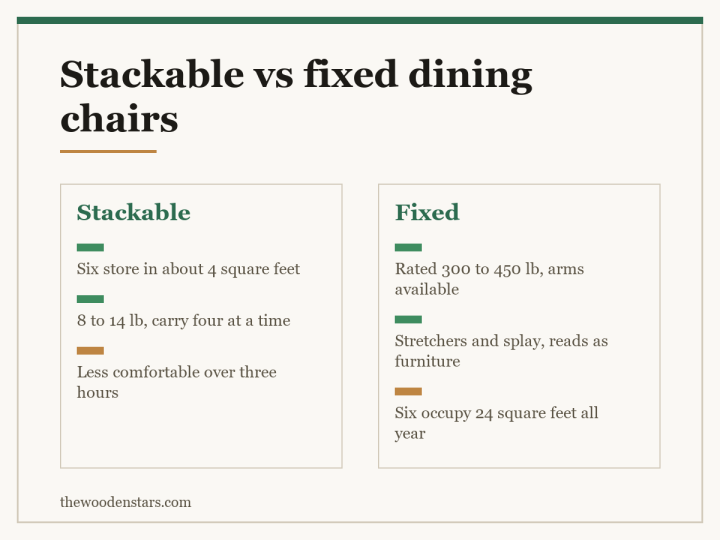Comparison card for stackable vs fixed dining chairs: Stackable — Six store in about 4 square feet; 8 to 14 lb, carry four at a time; Less comfortable over three hours. Fixed — Rated 300 to 450 lb, arms available; Stretchers and splay, reads as furniture; Six occupy 24 square feet all year.