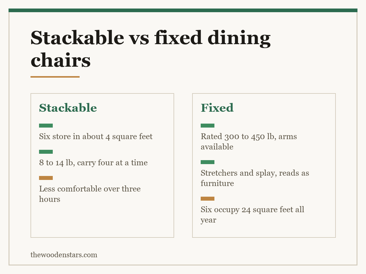 Comparison card for stackable vs fixed dining chairs: Stackable — Six store in about 4 square feet; 8 to 14 lb, carry four at a time; Less comfortable over three hours. Fixed — Rated 300 to 450 lb, arms available; Stretchers and splay, reads as furniture; Six occupy 24 square feet all year.