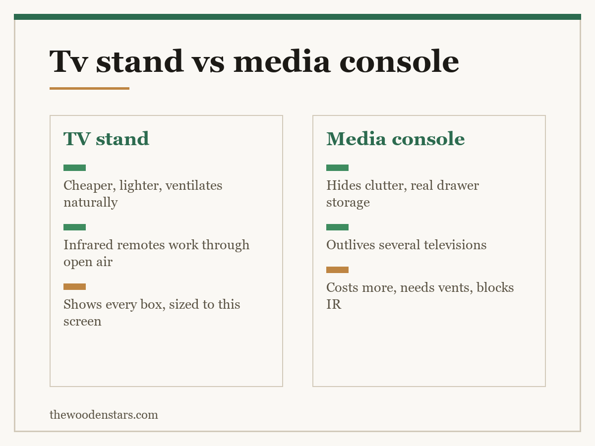 Comparison card for tv stand vs media console: TV stand — Cheaper, lighter, ventilates naturally; Infrared remotes work through open air; Shows every box, sized to this screen. Media console — Hides clutter, real drawer storage; Outlives several televisions; Costs more, needs vents, blocks IR.