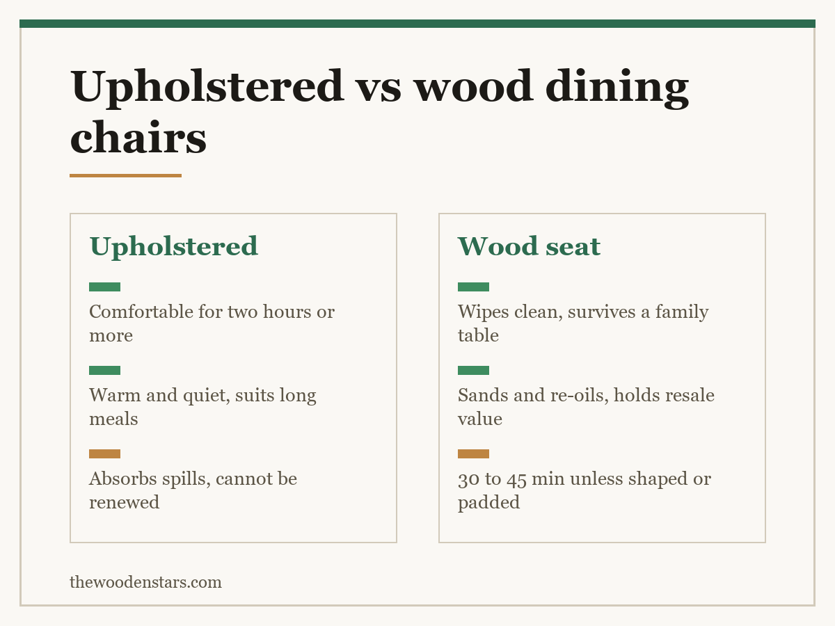 Comparison card for upholstered vs wood dining chairs: Upholstered — Comfortable for two hours or more; Warm and quiet, suits long meals; Absorbs spills, cannot be renewed. Wood seat — Wipes clean, survives a family table; Sands and re-oils, holds resale value; 30 to 45 min unless shaped or padded.